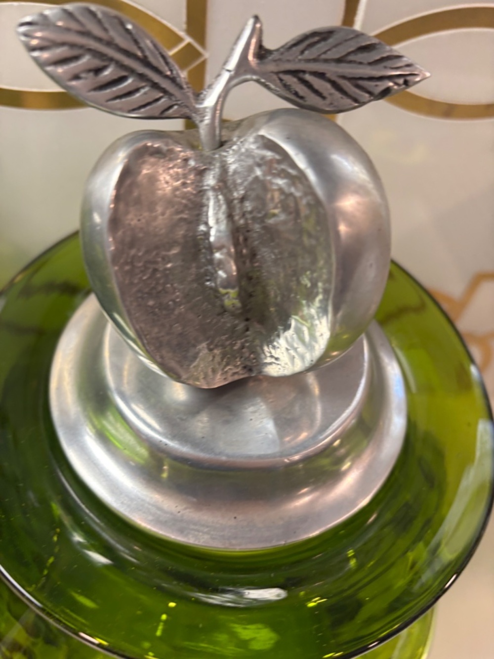 3 Vintage Hand Blown Glass Kitchen Canisters Jars Pewter Tops Fruit Apples Pear - Picture 4 of 15